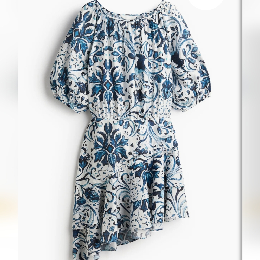 H&M Blue and White Ruffled Cocktail Dress